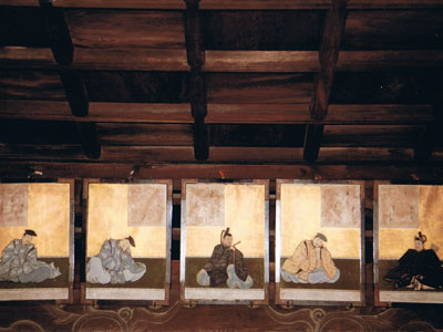 10月上野天神祭りの期間中拝殿内に掲示される三十六歌仙の和歌と詠み人